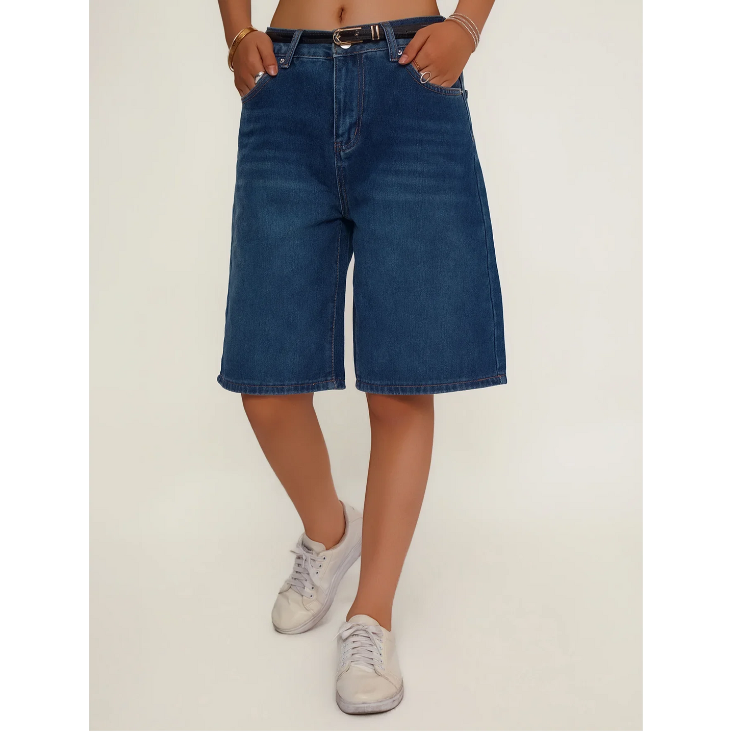 Women's Loose Fit Casual Denim Shorts Deep Blue American Style Spring Summer Suitable All-Match Ladies Jeans Shorts