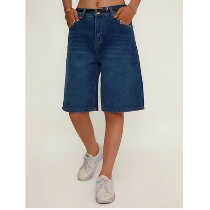 Women's Loose Fit Casual Denim Shorts Deep Blue American Style Spring Summer Suitable All-Match Ladies Jeans Shorts