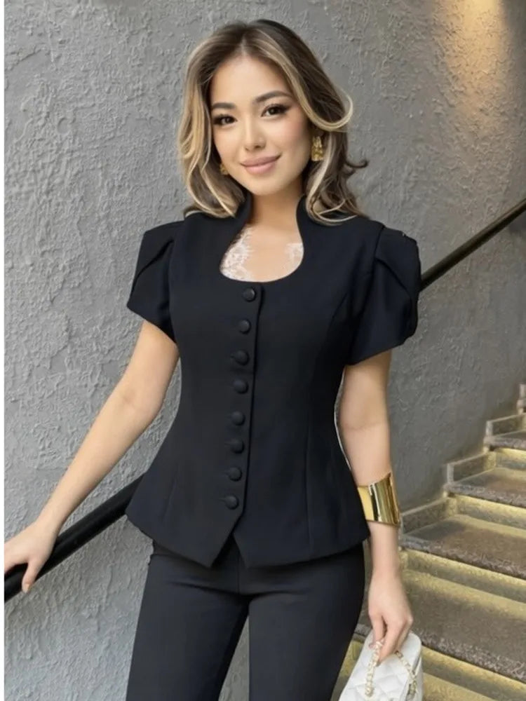 Women 2026 Spring Summer Lace Detail Blouse Stand Collar Puff Short Sleeve Fitted Waist Button Front Elegant Office Blazer
