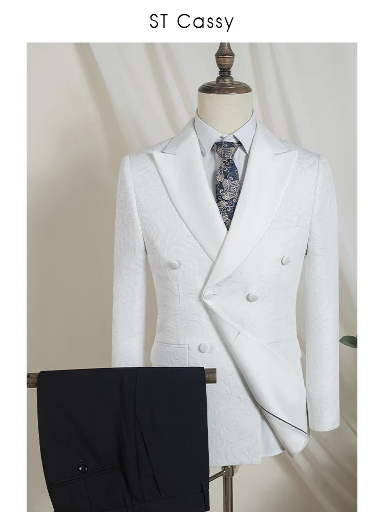 Double-Breasted Groom's Wedding 2 Piece Set White Party Outfit for Man Slim Fit Tasdo Shawl Collar Evening Gown Dinner Suit