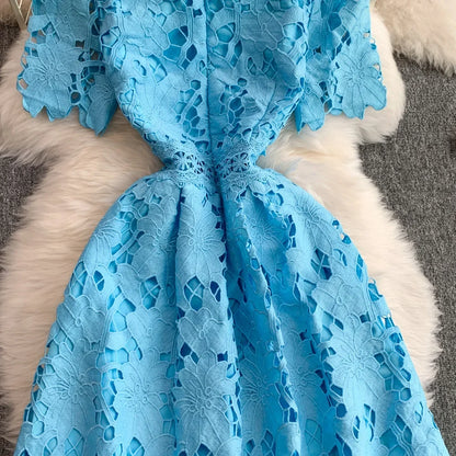Ele Summer Lace round Ne Dr Women's High Waist Slimming Long Skirt Korean Sle Commute High Softn Regular Sve