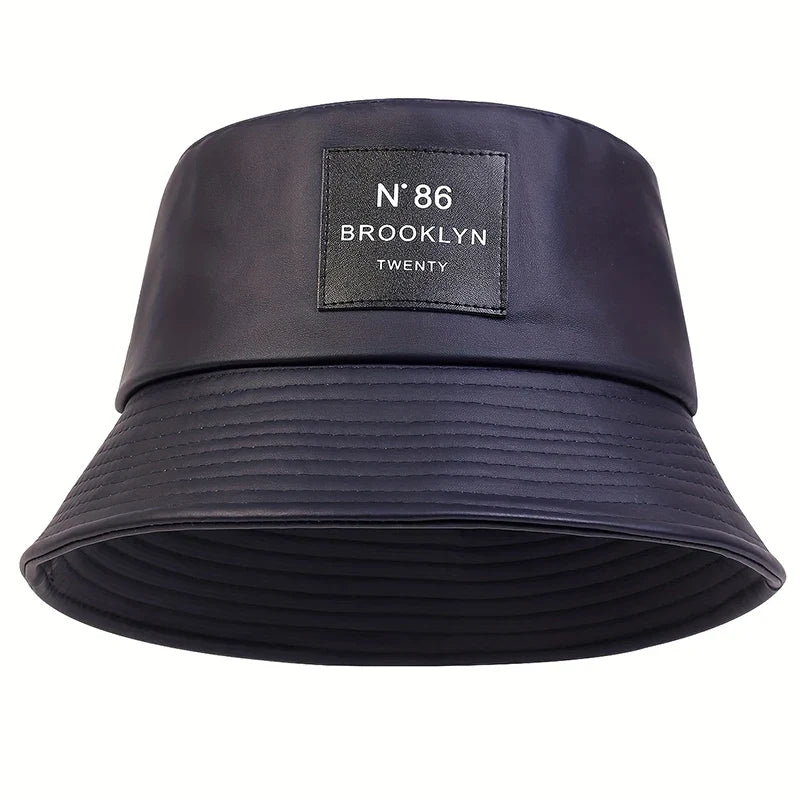 Unisex N86 Label Personality Pu Leather Bucket Hats Fishermen Caps Outdoor Casual Cap Sunscreen Hat