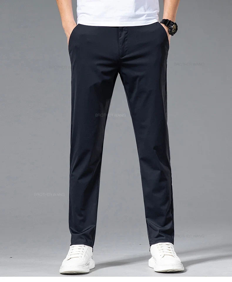 Ultra-thin Ice Silk Cool Men's  Casual Pants Summer New High Elasticity Quick-drying Drape Business Straight Trousers Black Gray