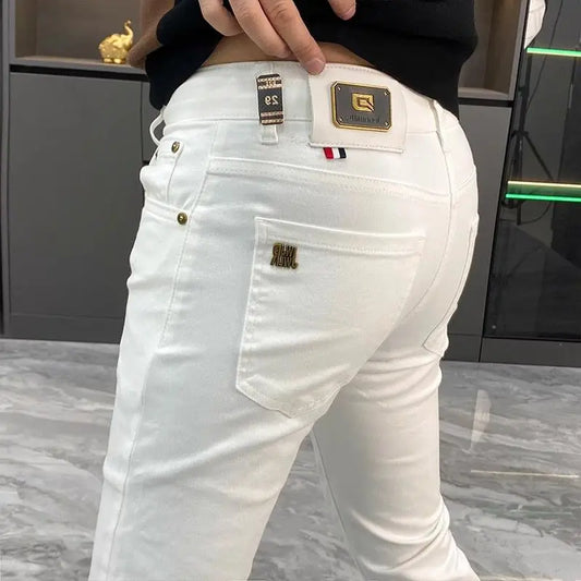 White Jeans Men's European Goods 2025 Summer New Fashion Motorcycle Boots Simple Slim Fit Elastic Versatile Small Feet Trousers