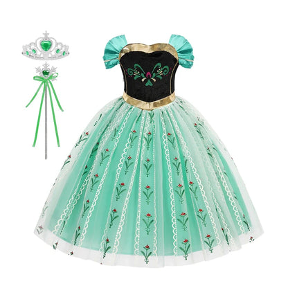 Elsa Anna Dress for Girls Short Sleeve Dress Snow Queen Floral Print Dress Cosplay Birthday Party Children Kids Carnival Clothes