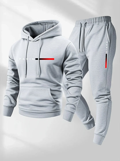 PARIS Letter Print Sweatshirt Suit Men's Fleece Hoodie Pants Set Spring Autumn Winter Warm Casual Sports Pullover Trousers Sets