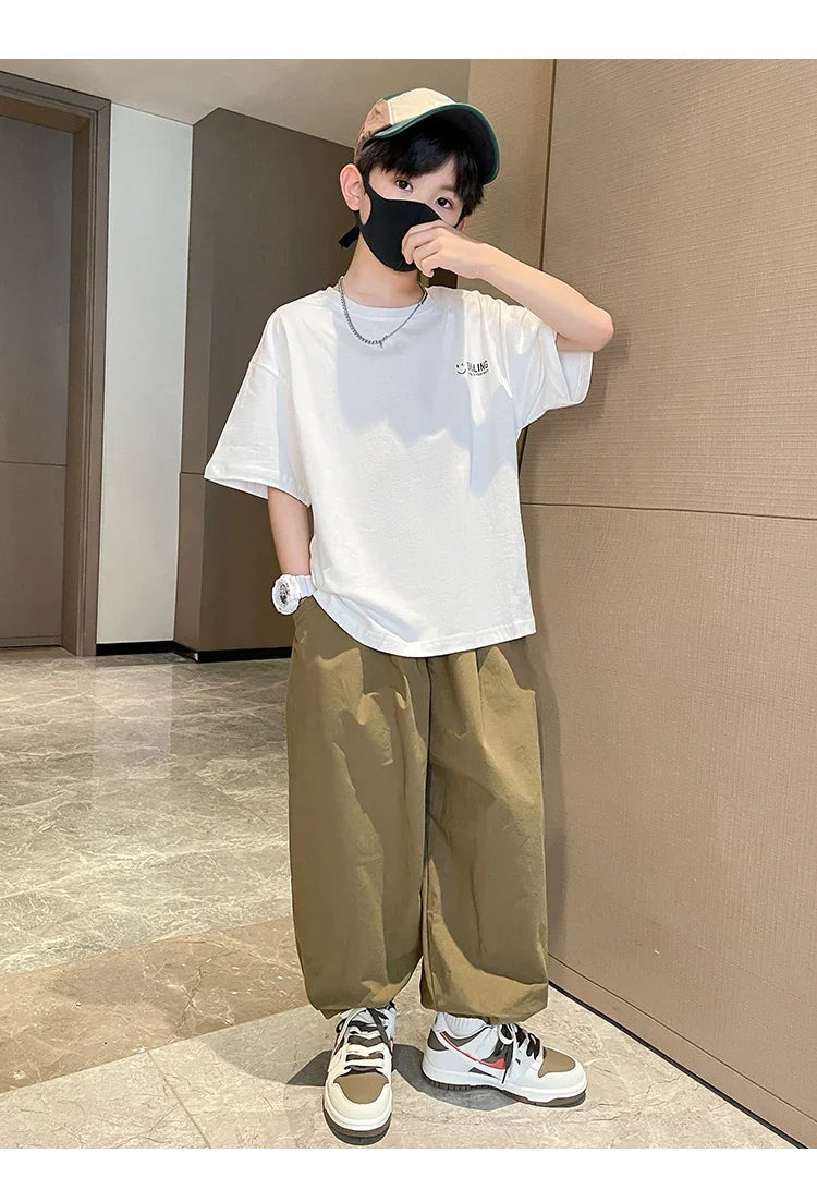 Teens Children's Summer Sets for Boys Clothing Cotton Set 2025 New Fashion Kids Loose Handsome T-shirt+ Lantern Pants Set Outfit