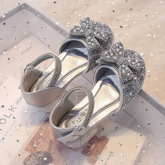 Kid's Sandals high Heels Pumps Rhinestone Bow Silver Party Breathable Shoes For Girl PU Leather Footwear for Kids Size 26-36