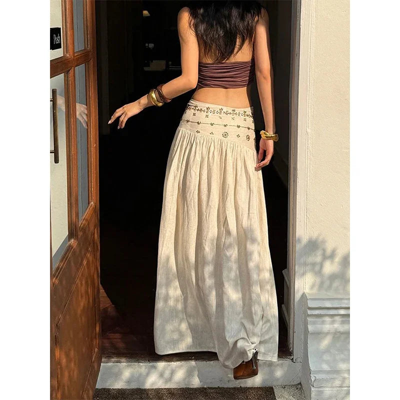 Vintage Beading Midi Skirt Women Vacation Beach Low Waist Skirts Summer Ladies Streetwear Korean Casual Design A Line Faldas New