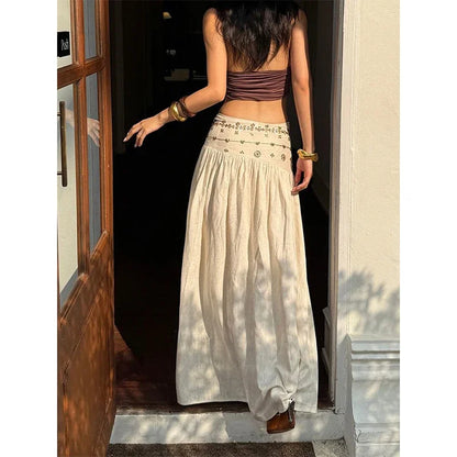 Vintage Beading Midi Skirt Women Vacation Beach Low Waist Skirts Summer Ladies Streetwear Korean Casual Design A Line Faldas New