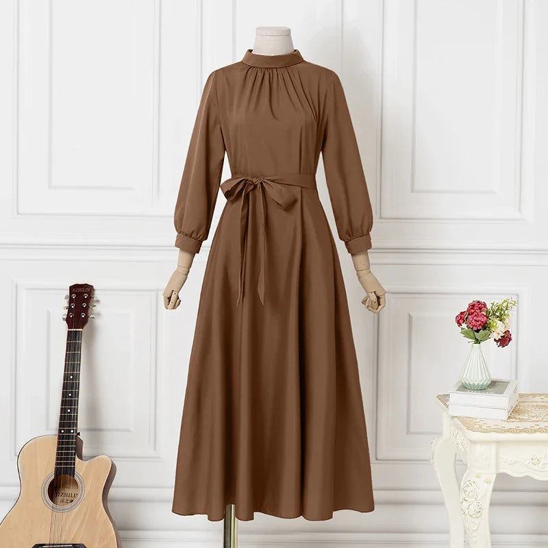 Women Long Sleeve A-line Sundress Spring Long Dress Autumn Solid Party Holiday Maxi Dresses Vestidos Femme Vintage Robe