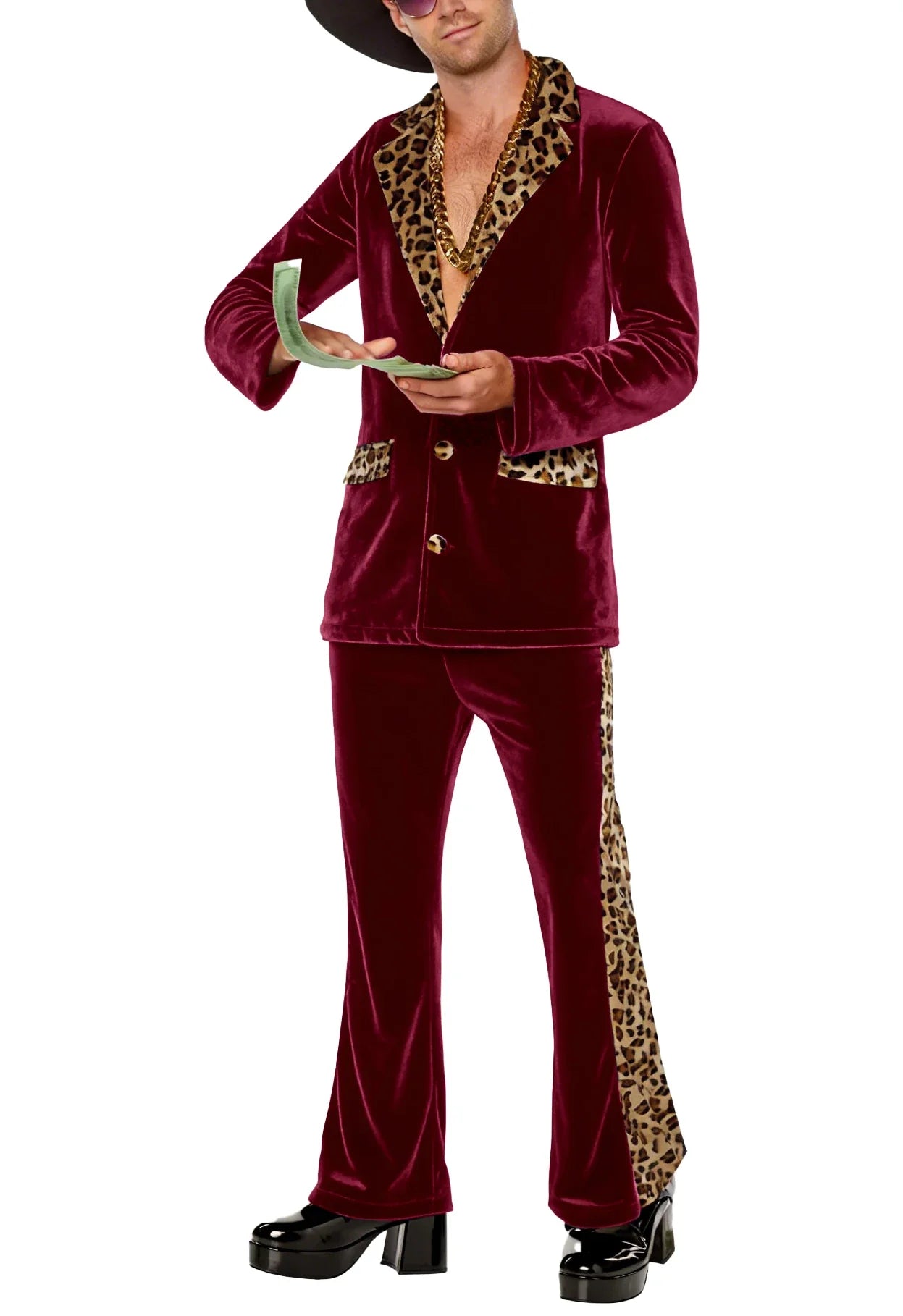 Luxury Men's Velvet Suit Notch Lapel Jacket Leopard Print Patchwork Trim Wide Leg Flare Trousers Tuxedo Cosplay Prom Event