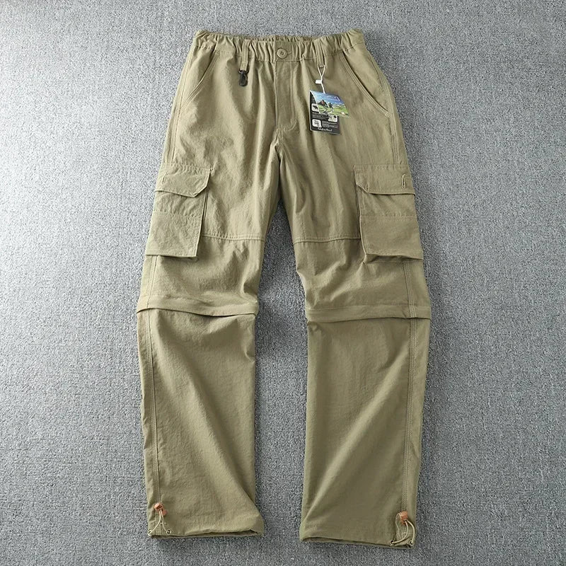 Men's Summer Cargo Pants Quick Dry Double Used Pants Elastic Waist Detachable Feet Loose Straight Waterproof Long Trousers