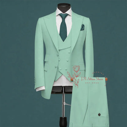 Light Green Men’s Suit Slim Fit Peak Lapel Jacket Double Breasted Vest Pants Wedding Formal 3 Piece Party Set For Groomsmen