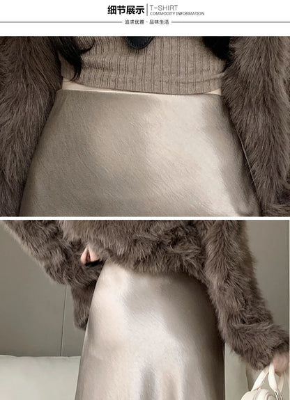 New Autumn Winter Solid Satin Silk Mermaid Skirt Women Fashion High Waist Office Ladies Work Warmth Party Long Maxi Skirt