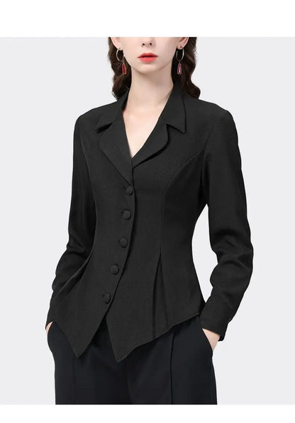 Temperament Skinny Solid Notched Pleated Button Elegant Blazers Graceful Intellectual Women's Clothing 2022 Thin Autumn Winter