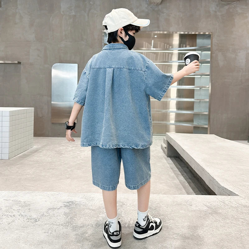 High Fashion Kids Summer Suit for Boy with Denim Shorts Two Pieces Tracksuit Children Casual Top and Bottom Clothing Set 5-14 Y