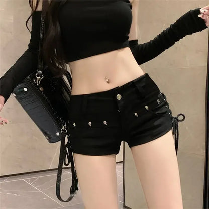 Korean Low Rise Denim Shorts 2024 - Riveted Lace Up Bodycon Black Hot Pants Vintage Cheeky Booty Summer TikTok Y2K Outfit