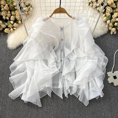 Autumn Blouse for Women Fashion O-neck Long Puff Sleeve Flounced Edge Shirts French Chic Versatile Female Tops Dropshipping