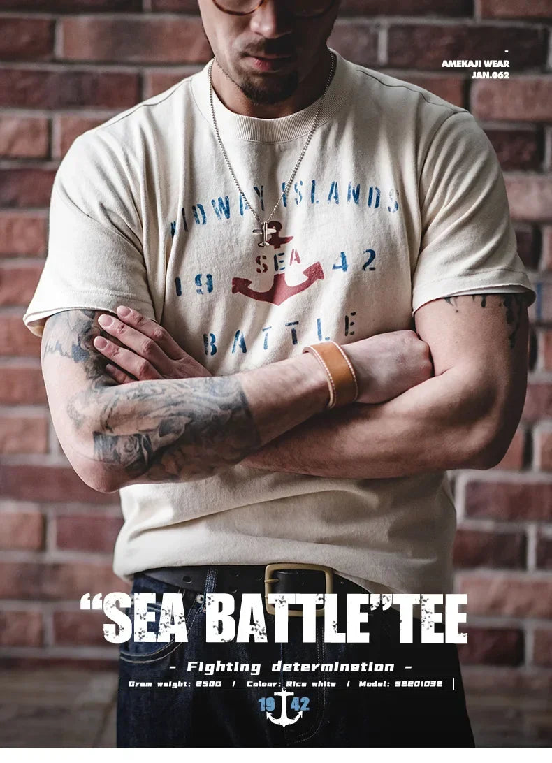Vintage Letter Print Cotton Short Sleeve T-Shirt Men's Summer Loose Fit Ribbed Crew Neck Tee Casual Street Tops for Daily