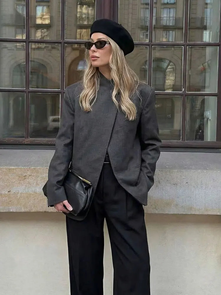 Women Casual Asymmetrical Dark Grey Blazer One Button Long Sleeve Jacket Coats 2026 Trend Vintage Solid Office Blazers