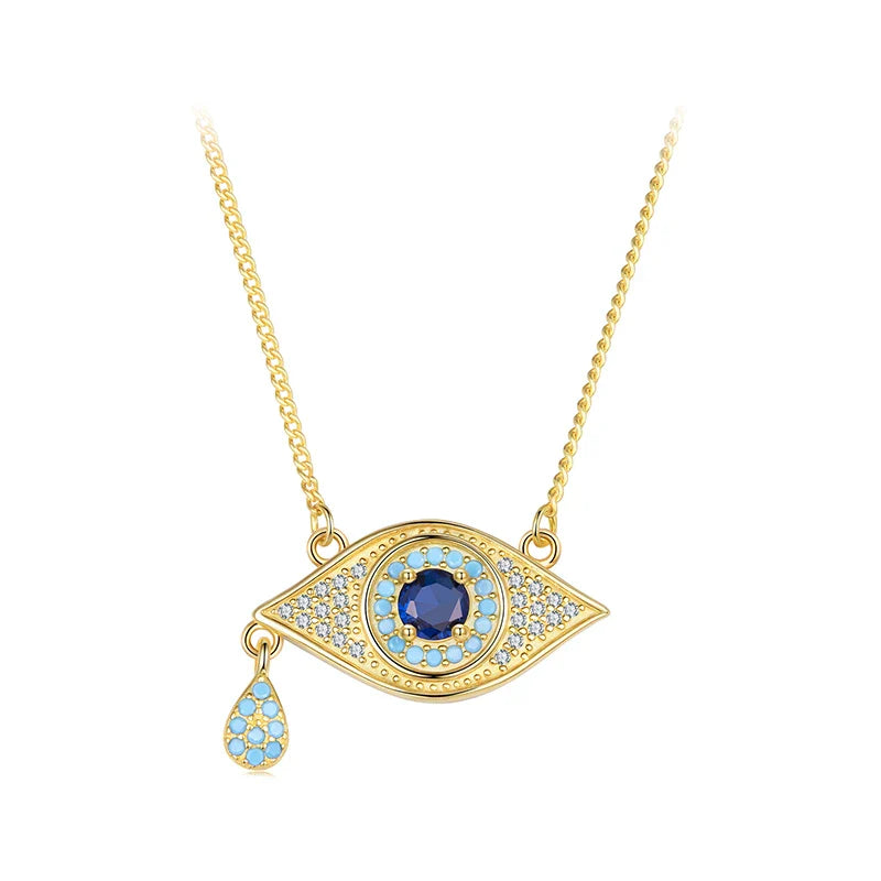 925 Sterling Silver Evil Eye Necklace 18K Gold Plated Teardrop Pendant Blue Zirconium Turkish Protection Jewelry for Women