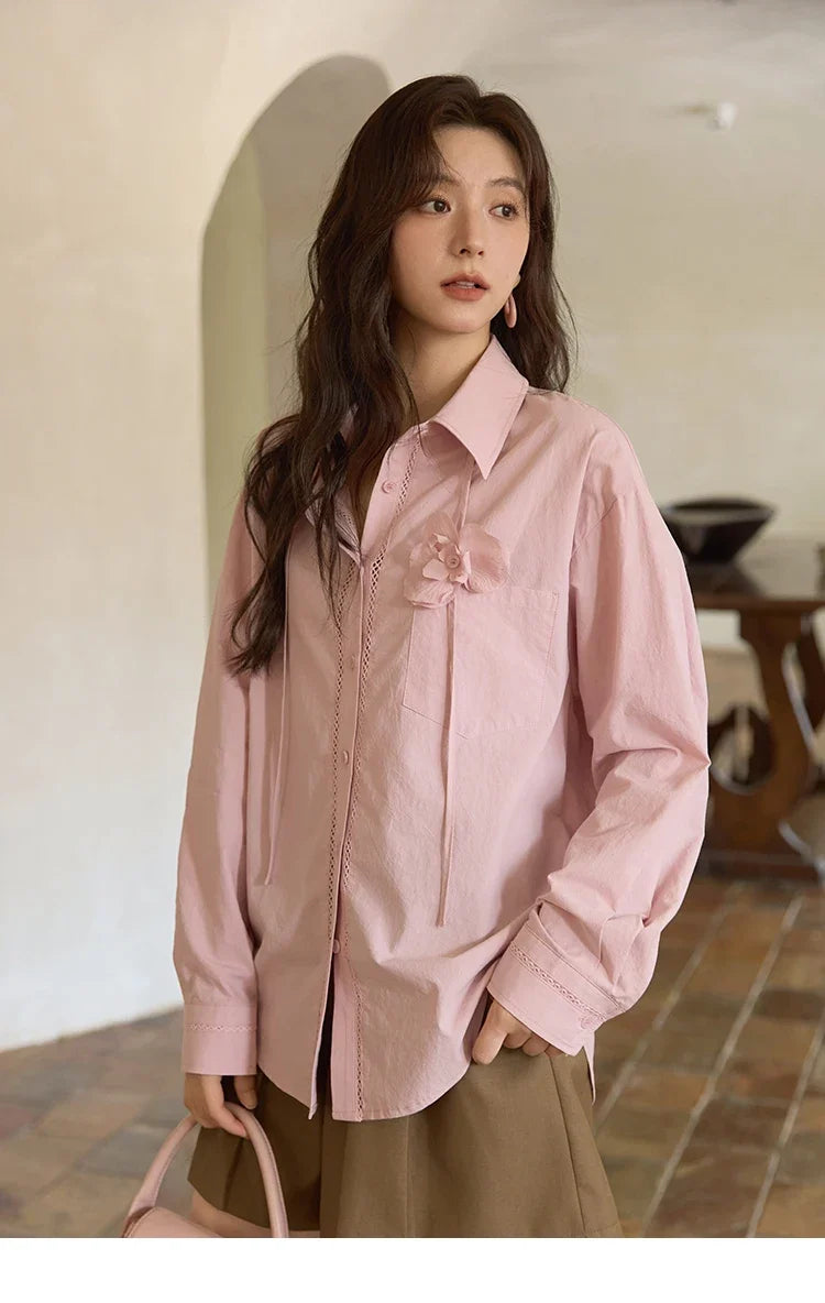 100% Cotton Shirt For Women Autumn 2025 New Fashion Petal Ribbon Button Long Sleeves Shirt Women's Clothing MXE41C2349