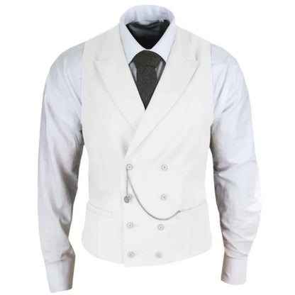 Men Vest White Solid With Lapel Double Button Waistcoat For Banquet Birthday Wedding Business Work Formal Set Men Suit Vest