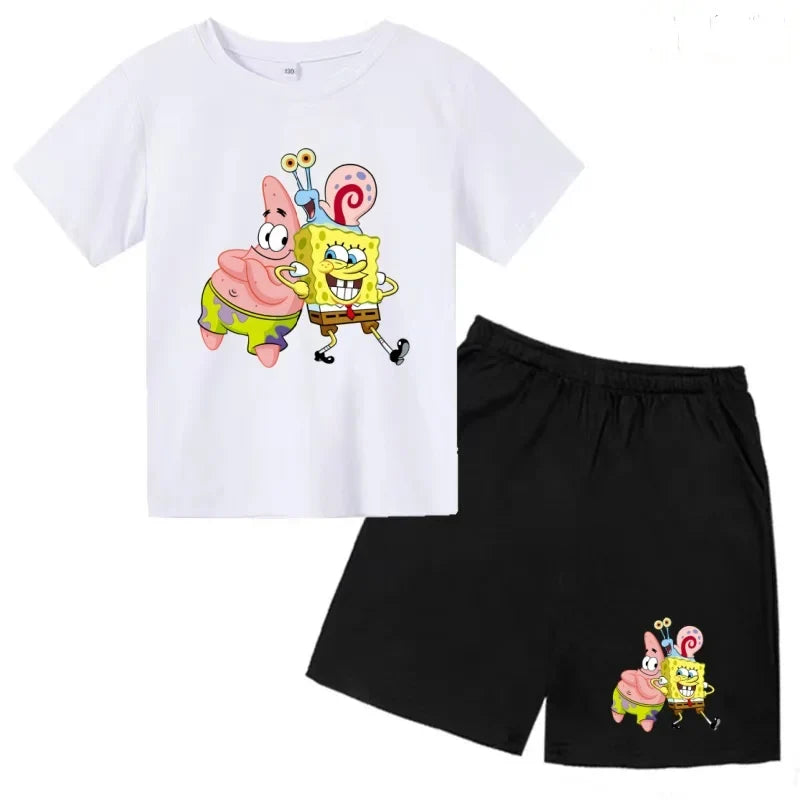 Kids Summer Anime SpongeBob SquarePants Fashion T-shirt 3-12 Years Boys Girls Toddler Short-sleeved+Shorts Casual Sportswear Set