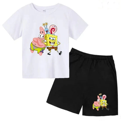 Kids Summer Anime SpongeBob SquarePants Fashion T-shirt 3-12 Years Boys Girls Toddler Short-sleeved+Shorts Casual Sportswear Set