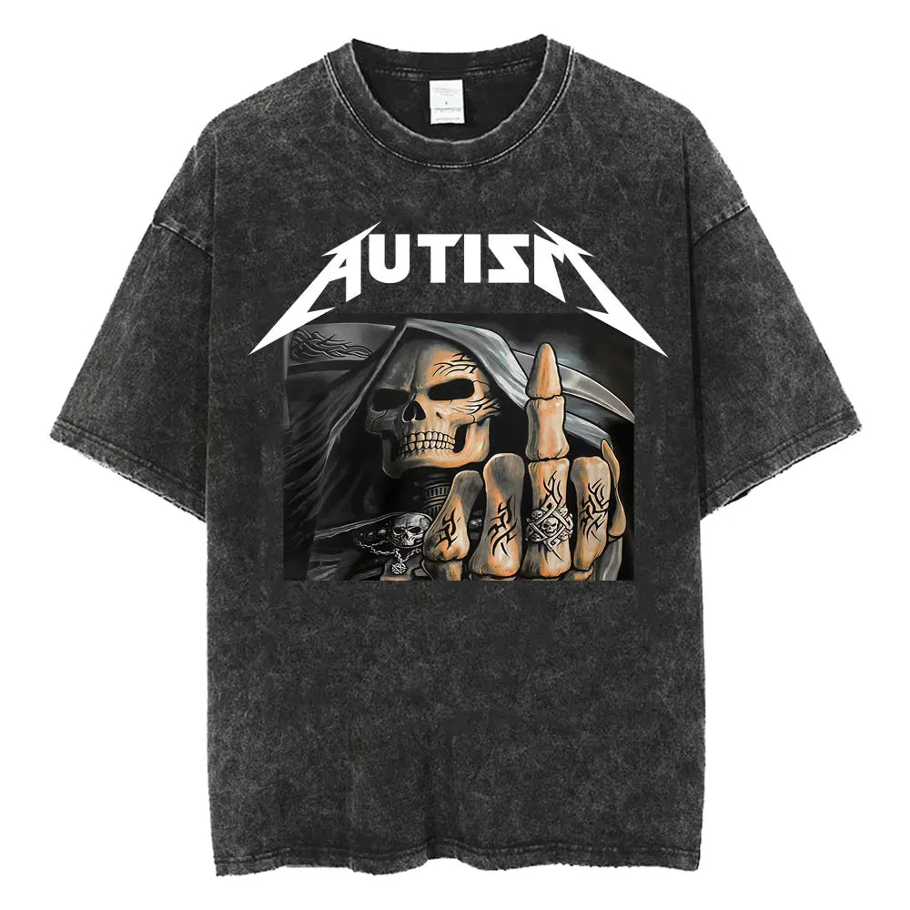 Autism Skeleton Meme T Shirt Human Funny Skull Men Women Harajuku Gothic Vintage Washed T Shirts Oversized Casual Cotton T-shirt