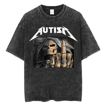 Autism Skeleton Meme T Shirt Human Funny Skull Men Women Harajuku Gothic Vintage Washed T Shirts Oversized Casual Cotton T-shirt