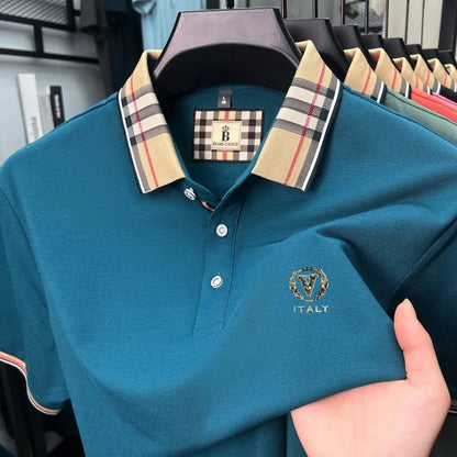 High end brand men's short sleeve polo shirt summer new letter emboss lightweight breathable fashion color blocked lapel T-shirt