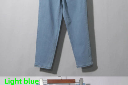 Casual High Waist Cotton Stretch Denim Capri Pants with Pleated Hem Elastic Waist Ladies Faion Spring Autumn Wear