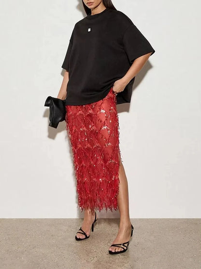 Elegant Club Party Perspective Half Skirt Tassel Sequin Spring Summer Skirt Fashion High Waisted Solid Color Women's Long Skirt