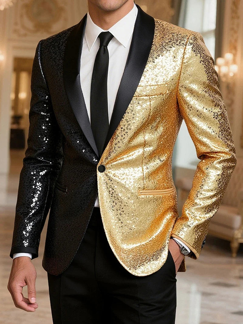 2026 Men's Suit Jacket, Shiny Sequin Stage Performance Coat, White Silver Blue Red Purple Blazers V-neck Single Button S-XXL