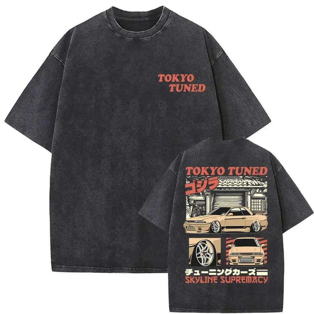 Anime Initial D Drift AE86 Washed Vintage Print T-shirt RX-7 R34 Skyline GTR JDM T-shirts Men's Harajuku Cozy Oversized T Shirts