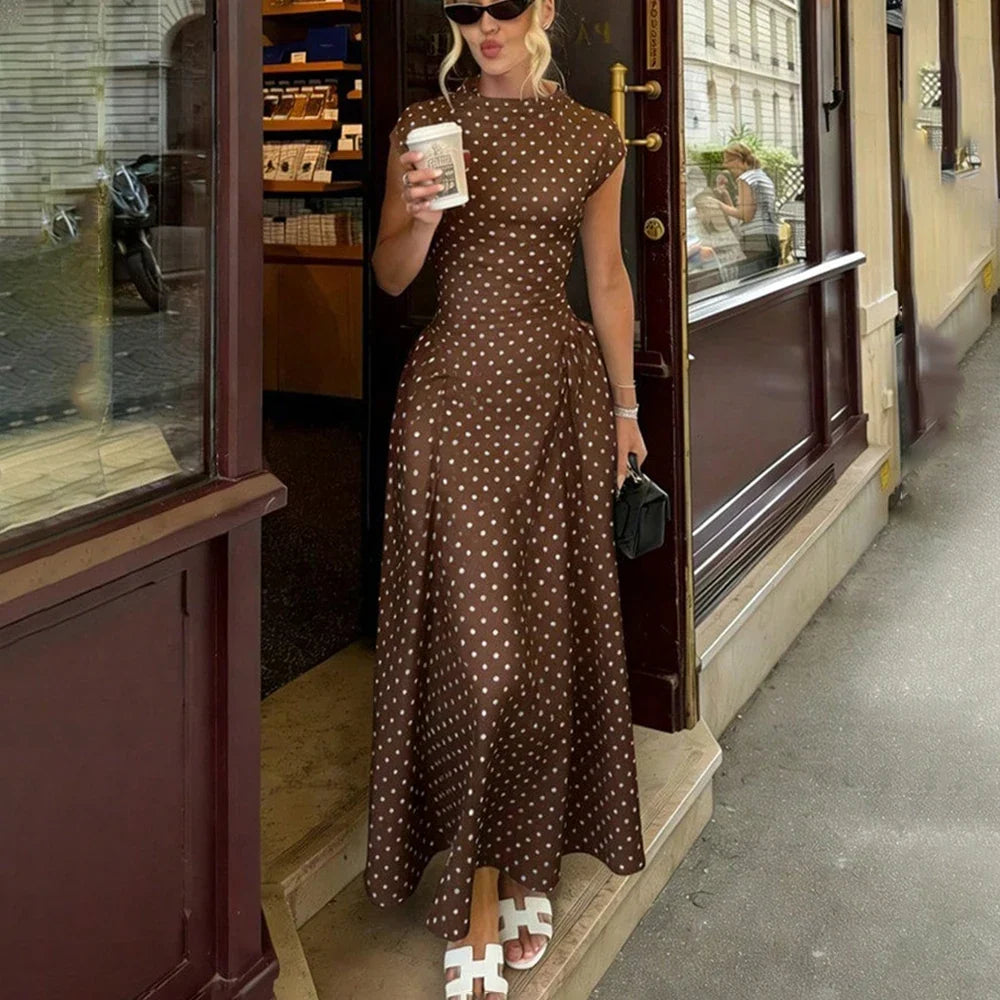 White Polka Dot Long Dress Summer Sexy High-Waisted Vintage Print Sleeveless Dress Casual Party Vacation New Women Dress