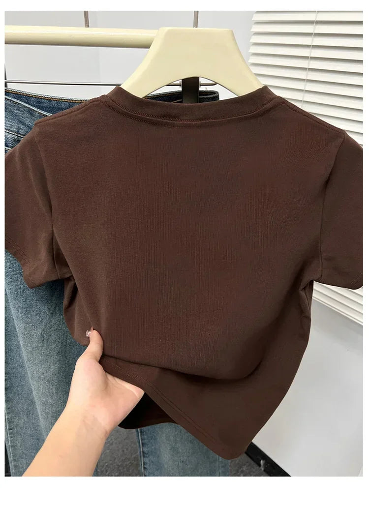 2026 Summer New High Quality Casual Plus Size T Shirt Sexy Short Sleeved Sleeves Fashion Trend Solid Women Clothing Y2k Tops