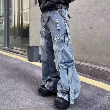 2025 Cyber Y2K Streetwear Washed Blue Baggy Ripped Cargo Jeans Pants For Men Clothing Wide Leg Vintage Loose Punk Denim Trousers
