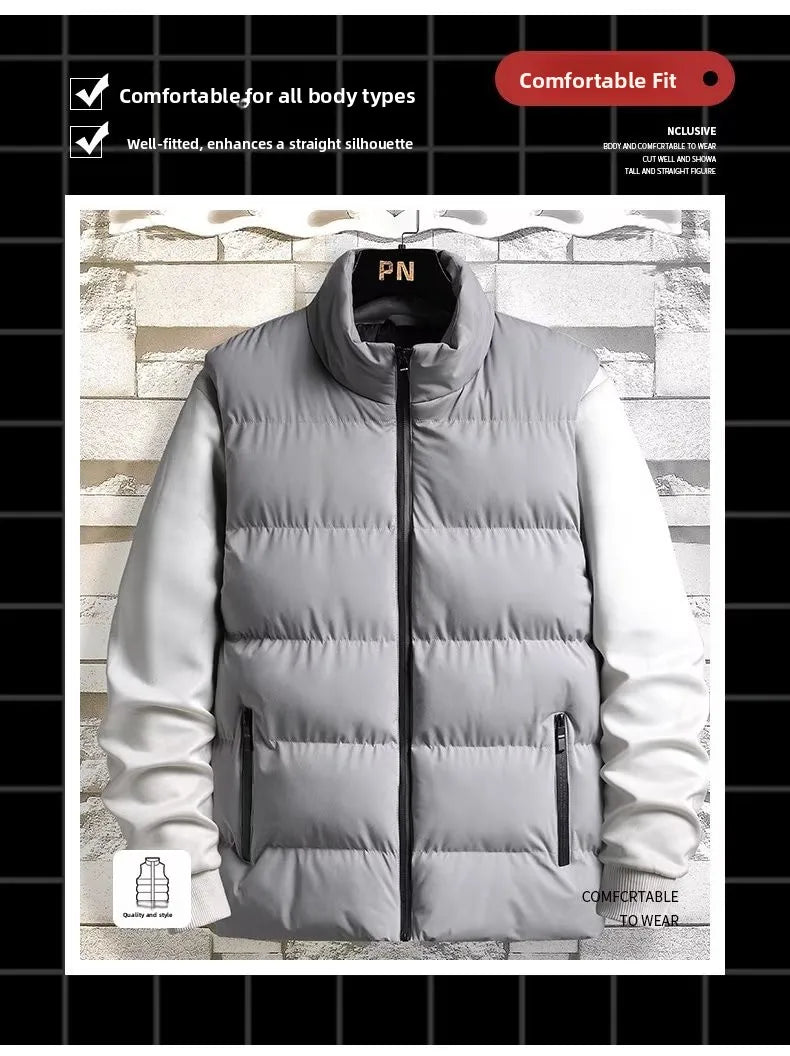 Men's down Vest Thickened Casual Style Stand Collar Jacket Autumn Winter New Fashion Youth Active Fit Zipper Pocket Daily Wear