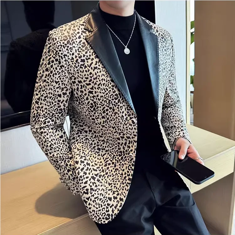 Splicing Leather Neck Casual Suit Jacket Fashion Leopard Men's Business Slim Fit Social Formal Blazers Wedding Groom Tuxedos