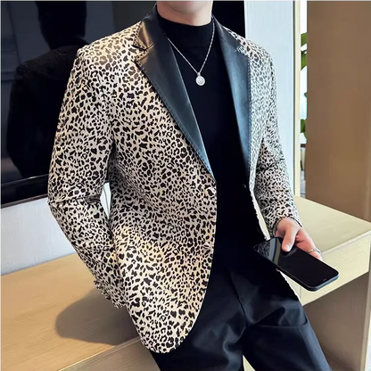Splicing Leather Neck Casual Suit Jacket Fashion Leopard Men's Business Slim Fit Social Formal Blazers Wedding Groom Tuxedos