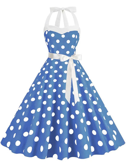 Women Summer Party Dress With Belt Polka Dot Print Halter Hepburn Robe 50s 60s Vintage Dresses