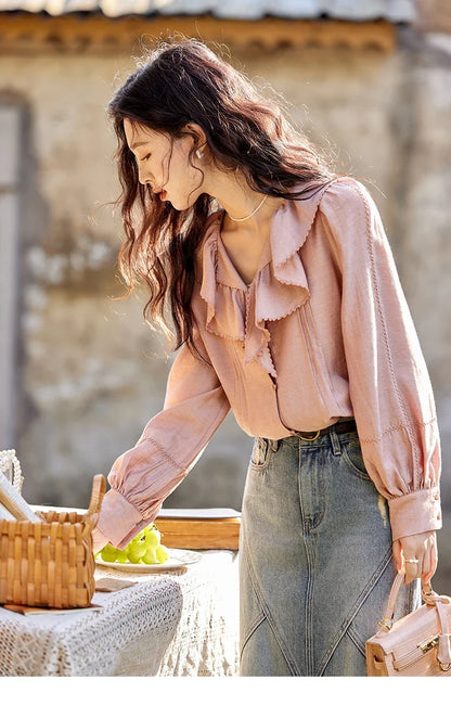 Lotus Leaf Collar Shirt Bubble Sleeves Pink Shirt for Women Spring 2025 Sweet Chiffon Top Temperament Shirts MXE12X1702