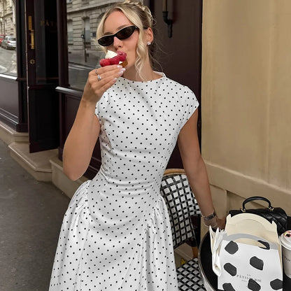 White Polka Dot Long Dress Summer Sexy High-Waisted Vintage Print Sleeveless Dress Casual Party Vacation New Women Dress