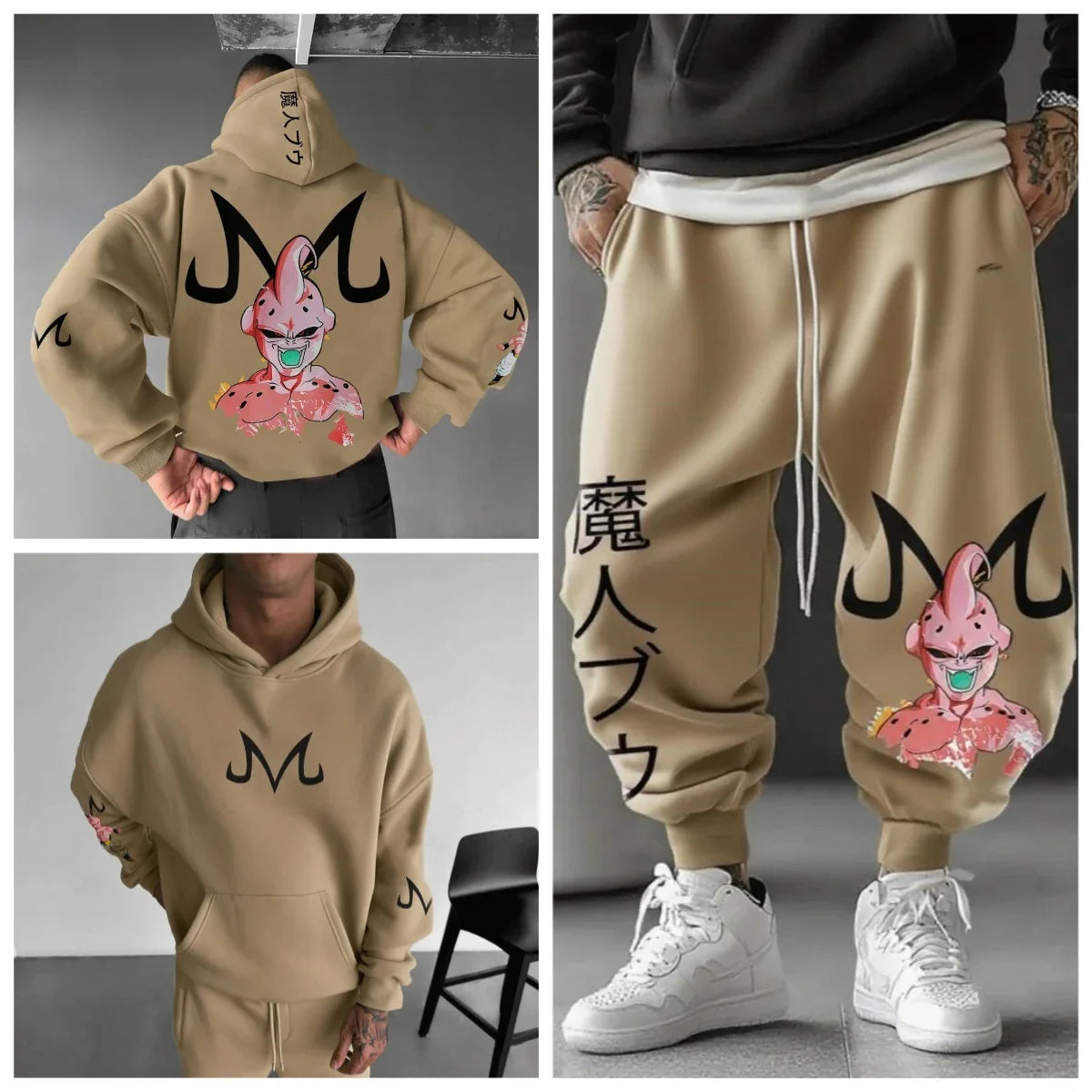 Majin Buu Hoodie Pants Set Anime Cotton Loose Fit Graphic Print Streetwear Casual Sweatshirt Joggers Japanese Cartoon Character