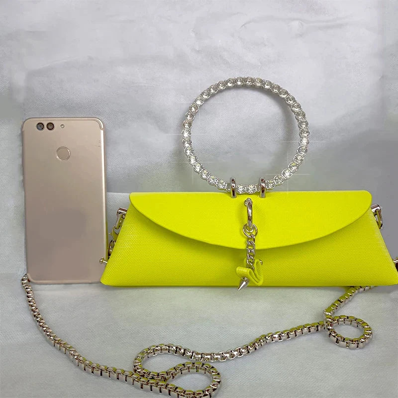 Clutch Bag Luxury Designer Handbag for Women 2025 with Chain Metal Ring Handle PU Leather Rhinestones Purses Shoulder Bag