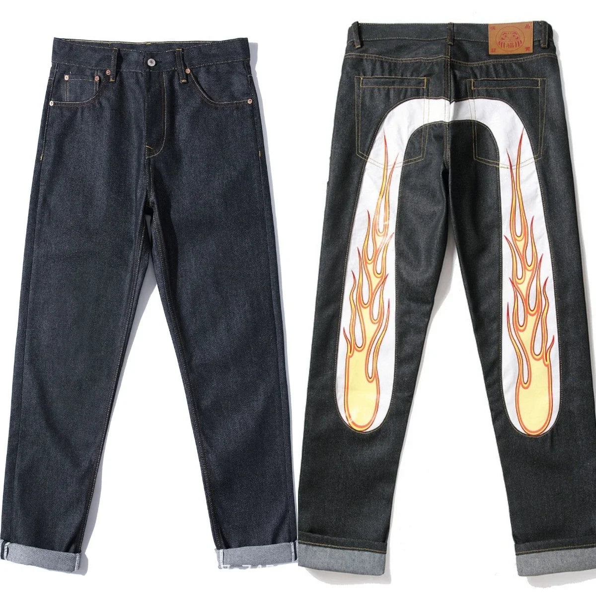 Men's Japanese Handmade Embroidered Jeans Pure Cotton Straight Tube Hip-Hop Popular Slim Red Ears Show Thin Trousers Devil Black