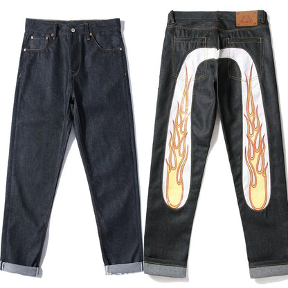 Men's Japanese Handmade Embroidered Jeans Pure Cotton Straight Tube Hip-Hop Popular Slim Red Ears Show Thin Trousers Devil Black